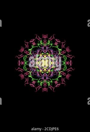 Abstrakter Mandala-Hintergrund mit farbigen Linien auf schwarz. Schöner digitaler Hintergrund für Wandbilder. Abstrakte fraktale Relaxationsmeditation zurück Stockfoto