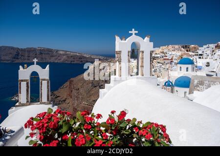 Santorini, Griechenland. Picturesq Blick auf traditionellen Kykladen Santorini Häuser auf kleinen Straße mit Blumen im Vordergrund. Lage: das Dorf Oia Stockfoto