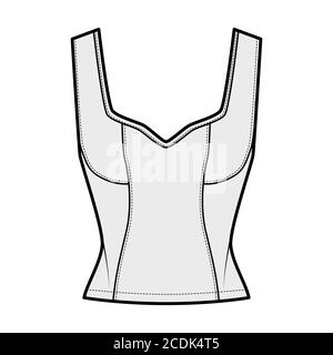 Oberteil im Korsett-Stil mit Panel-Design und technischer Fashion-Illustration mit Jewel-Ausschnitt, enger Passform, verdeckter Reißverschluss hinten. Flache Bekleidungsvorlage vorne, grau. Frauen Männer Unisex Hemd CAD mockup Stock Vektor