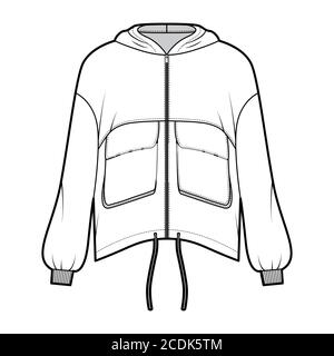 Kapuzenjacke mit Reißverschluss und Panel-Design, technische Mode-Illustration mit praktischen Pattentaschen, übergroßen, langen Ärmeln und Kordelzug am Saum. Flache Mantelschablone vorne, weiß. Damen, Herren, Unisex TOP CAD Stock Vektor