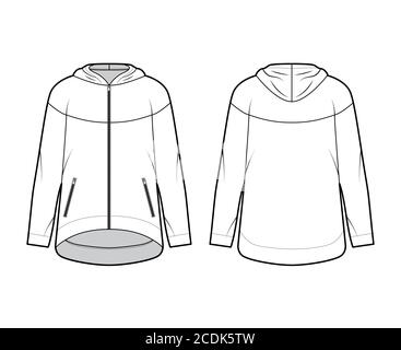 Reißverschluss Oversized Baumwoll-Fleece Hoodie technische Mode Illustration mit Reißverschluss Paspeltaschen, lockere Passform, lange Ärmel. Flache Jumper Schablone vorne, hinten, weiße Farbe. Damen, Herren Sweatshirt TOP CAD Stock Vektor