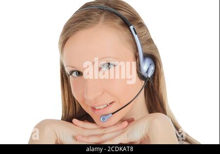 Porträt eines erfolgreiche junge weibliche Call Center Mitarbeiter tragen einen Kopfhörer Stockfoto