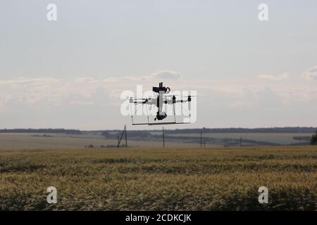 Fliegende handgemachte Drohne auf dem landwirtschaftlichen Feld. Stockfoto