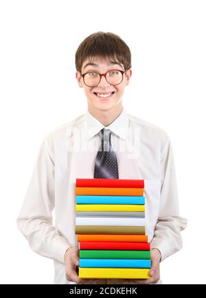 Glückliche Schüler halten die Bücherstapel Stockfoto