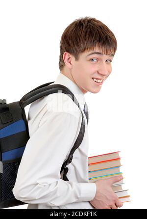 Schüler mit Rucksack, der die Bücher hält Stockfoto