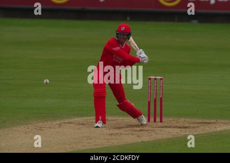 Chester le Street, England, 27. August 2020. Keaton Jennings schlagen für Lancashire Lightning gegen Durham Cricket in ihrem Vitality Blast-Spiel am Riverside Ground. Stockfoto