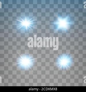 Satz von Vektor-Neon-Lichteffekten. Blau glühendes Licht explodiert auf einem transparenten Hintergrund.Heller Stern. Stock Vektor
