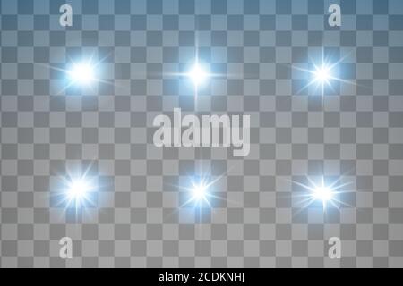 Satz von Vektor-Neon-Lichteffekten. Blau glühendes Licht explodiert auf einem transparenten Hintergrund.Heller Stern. Stock Vektor