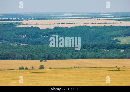 Kleiner Traktor harrow im Frühjahr gestreifte Feld - kleine Landwirtschaft. Traktor im Bereich Pflege. Stockfoto