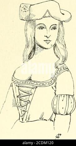 . Les seins dans l'histoire . e la Vengeance de Notre-Seigneiir, mystère du xv** siècle, dont nous aurons Anlass dereparler, décrit la Toilette des jeunes filles qui « folâtraient dansJérusalem », ou des filles de joie; cest sans doute le costume descourtisanes de lépoque, les poètes et les artistes prenant dhabitudeleurs contemporaines pour modèles. Les vers suivants montrentque larrêt du Parlement nétait pas strictement observé; ces damesne pouvaient se dire « collets montés » quen arrière du cou : Vous cheminez à grands pas darrogance,Les colls levez aussi droits quune lance. (1) Anec. lii Stockfoto