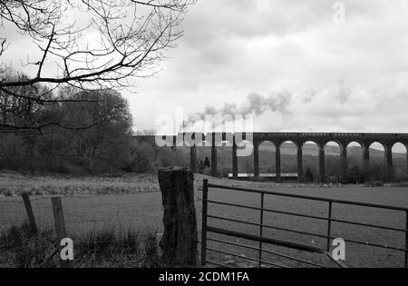 '44871' führt '45407' durch das Viadukt von Cynghordy mit einem Zug in Richtung Norden. Stockfoto