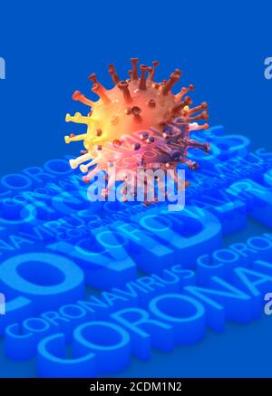 Covid-19 Coronavirus, konzeptuelle Illustration. Das neue Coronavirus SARS-CoV-2 trat im Dezember 2019 in Wuhan, China, auf und verbreitete sich weltweit. Das Virus verursacht eine leichte Atemwegserkrankung (Covid-19), die sich zu einer Lungenentzündung entwickeln und in einigen Fällen tödlich enden kann. Stockfoto