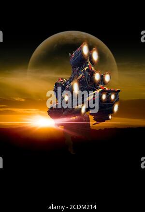 Abbildung eines Raumschiffs, das über einem fremden Planeten fliegt. Stockfoto