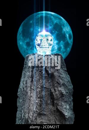Stehender Stein mit Kristallschädel und Mond, Illustration. Stockfoto