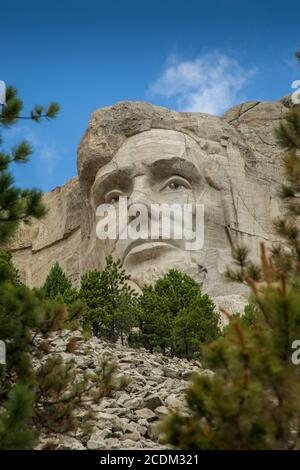 Nahaufnahme von Abraham Lincoln geschnitzt in Mount Rushmore in Rapid City South Dakota Stockfoto