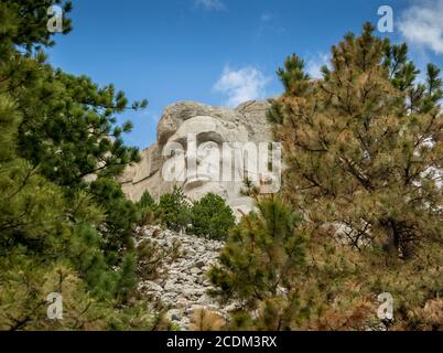 Nahaufnahme von Abraham Lincoln geschnitzt in Mount Rushmore in Rapid City South Dakota Stockfoto