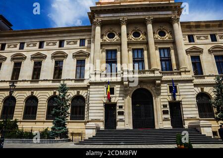 Nationalbank der Gebäudefassade Rumänien, Bukarest, Rumänien. Stockfoto