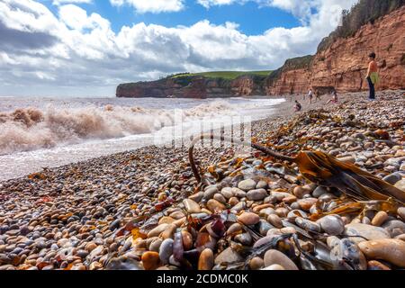 Wellen Rollen auf den Strand von Ladram Bay in der Nähe von Exmouth in Devon, England. Die Leute sind am Strand im Urlaub.