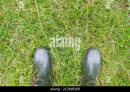 Gummistiefel auf dem Gras mit Kopierplatz. Stockfoto