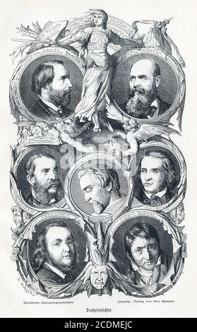Freiheitsdichter: Gottfried Kinkel, Georg Herwegh, Franz von Dingelstedt, Heinrich Heine, Heinrich Hoffmann von Fallersleben, Ferdinand Feiligrath Stockfoto