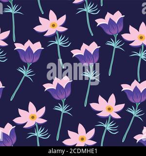 Florales Nahtmuster mit Pulsatilla-Blüten Stock Vektor