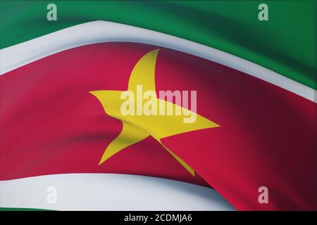 Wehende Flaggen der Welt - Flagge von Suriname. Nahaufnahme, 3D-Illustration. Stockfoto
