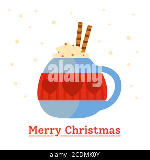 Weihnachtstasse flaches Heißgetränk mit Herzen. Frohe Weihnachten Grußkarte. Neujahr Cartoon Getränk, Urlaub niedlich Tasse Kaffee, dekorierte Süßigkeiten und Sahne. Isolierte Vektordarstellung Stock Vektor