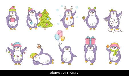 Pinguin weihnachten Cartoon Umriss Set. Niedliche flache Hand gezeichnet Pinguine Sammlung. Lächeln Sie glücklichen Charakter mit weihnachtsmann Hut oder Hörner, Baum, Girlande, Geschenk Glocke, Tasse. Isolierte Vektorgrafik für das neue Jahr Stock Vektor