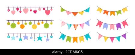 Flagge Girlande bunting Herz, Stern Geburtstagsfeier flach set. Jahrestag, Feier Party hängen Fahnen Cartoon Sammlung. Bähnchen Wimpel, Festival Dekoration. Isolierte Vektordarstellung Stock Vektor