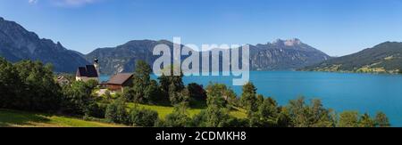 Panorama, Steinbach am Attersee mit Schafberg, Salzkammergut, Oberösterreich, Österreich Stockfoto