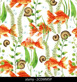 Aquarell Nahtloses Muster mit Aquarium Goldfischen, Pflanzen, Schnecke und Blasen. Stockfoto