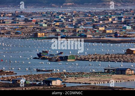 Schwimmende Stadt in der Bucht, Häuser auf Bambuskonstruktionen mit Aquakulturen, Xiapu, China Stockfoto