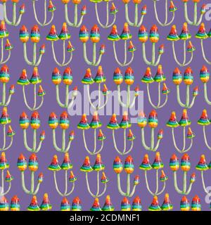 Nahtloses Aquarellmuster mit handbemalten psychedelischen Pilzen. Stockfoto