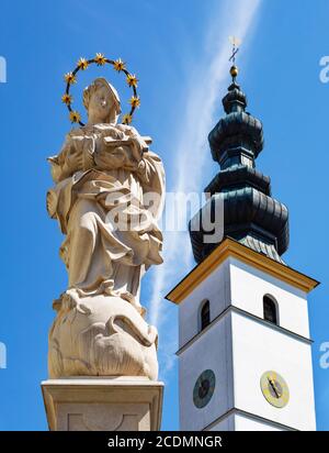 Marktplatz mit der Pfarrkirche St. Martin und Mariensaeule, Waging am See, Rupertiwinkel, Oberbayern, Bayern, Deutschland Stockfoto