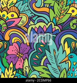 Nahtloses psychedelisches Muster mit verrückten bunten Zierelementen. Stock Vektor