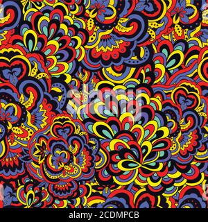 Nahtloses psychedelisches Muster mit verrückten bunten Zierelementen. Stock Vektor