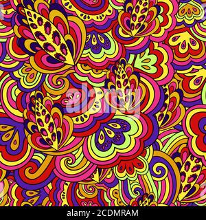 Nahtloses psychedelisches Muster mit verrückten bunten Zierelementen. Stock Vektor