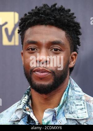 Santa Monica, Usa. August 2020. (DATEI) Chadwick Boseman tot bei 43 nach der Schlacht mit Kolon Krebs. SANTA MONICA, LOS ANGELES, KALIFORNIEN, USA - 16. JUNI: Schauspieler Chadwick Boseman kommt bei den MTV Movie and TV Awards 2018 an, die am 16. Juni 2018 im Barker Hangar in Santa Monica, Los Angeles, Kalifornien, USA, verliehen wurden. (Foto von Xavier Collin/Image Press Agency) Quelle: Image Press Agency/Alamy Live News Stockfoto