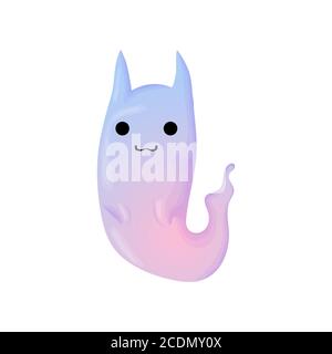 Lustige Halloween Vektor Illustration mit Geist Katze. Niedlicher Geist mit Katzenohren in lila und blauen Farben. Isoliert auf weißem Hintergrund. Stock Vektor