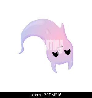 Lustige Halloween Vektor Illustration mit Geist Katze. Niedlicher Geist mit Katzenohren in lila und blauen Farben. Isoliert auf weißem Hintergrund. Stock Vektor