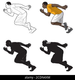 Das Runner-Bild ist ein Set bestehend aus Farbbildern, Linienkunst, Silhouette. Vektorgrafik Seitenansicht. Stock Vektor
