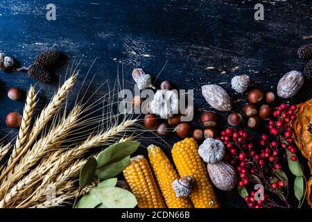 Rahmen mit Gemüse, Obst und Weizen als Ernte oder Thanksgiving-Tag-Konzept auf vintage Holzhintergrund Stockfoto