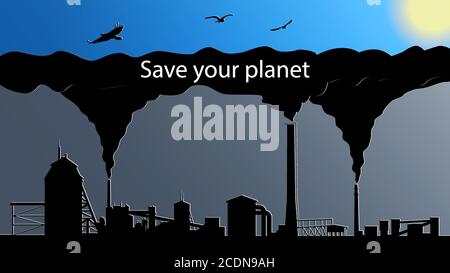 Das Konzept der Umweltverschmutzung durch Pflanzen. Rauchige Fabrikschornsteine. Schornsteine mit schwarzem Rauch schließen den blauen Himmel mit Vögeln und der Sonne. Vektor Stock Vektor