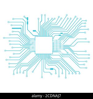 Blaue Leiterplatte mit Position für Prozessor isoliert auf weiß. Linien mit Ringen an den Enden. Vektor EPS 10. Stockfoto