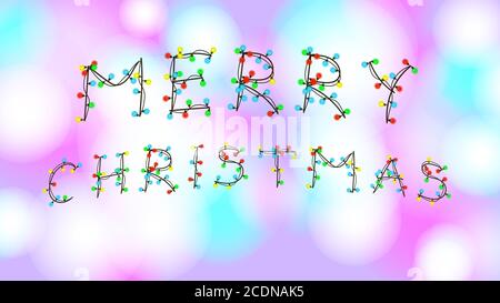 Gratulation Frohe Weihnachten in Girlande Schrift auf verschwommenem bunten Hintergrund. Helle Grußkarte mit Text. Vektor EPS 10. Stockfoto