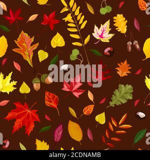 Fallende Herbstblätter, Kastanien und Eicheln nahtloses Muster Stock Vektor