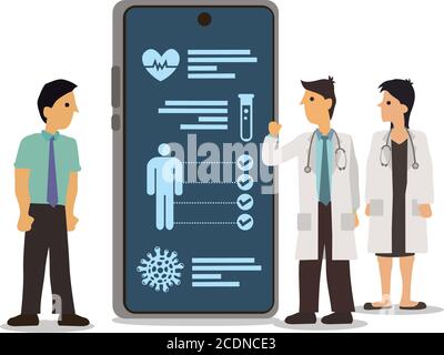 Ärzte untersuchen einen Patienten mit einer App auf einem Smartphone. Konzept der Online-medizinischen Beratung mit Technologie. Vektorgrafik Stock Vektor