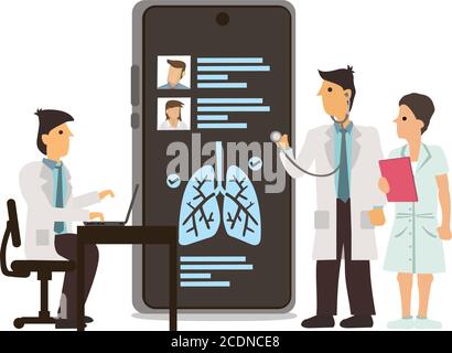 Ärzte teilen medizinische Patientendaten über eine App auf einem Smartphone. Konzept der Online-Medizintechnik. Vektorgrafik Stock Vektor