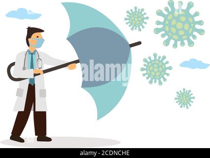 Arzt mit Regenschirm gegen Coronavirus zu schützen. Schutz oder Quarantäne oder Risikoprävention vor Virenausbruch. Vektorgrafik. Stock Vektor