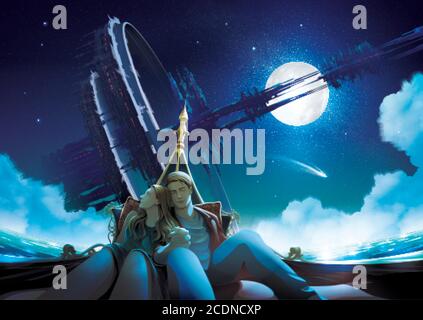 Vektor-Illustration mit einem Paar Zeit zusammen in einem Gondelboot bei Nacht mit der massiven futuristischen Struktur, die Umkreisen des Stock Vektor